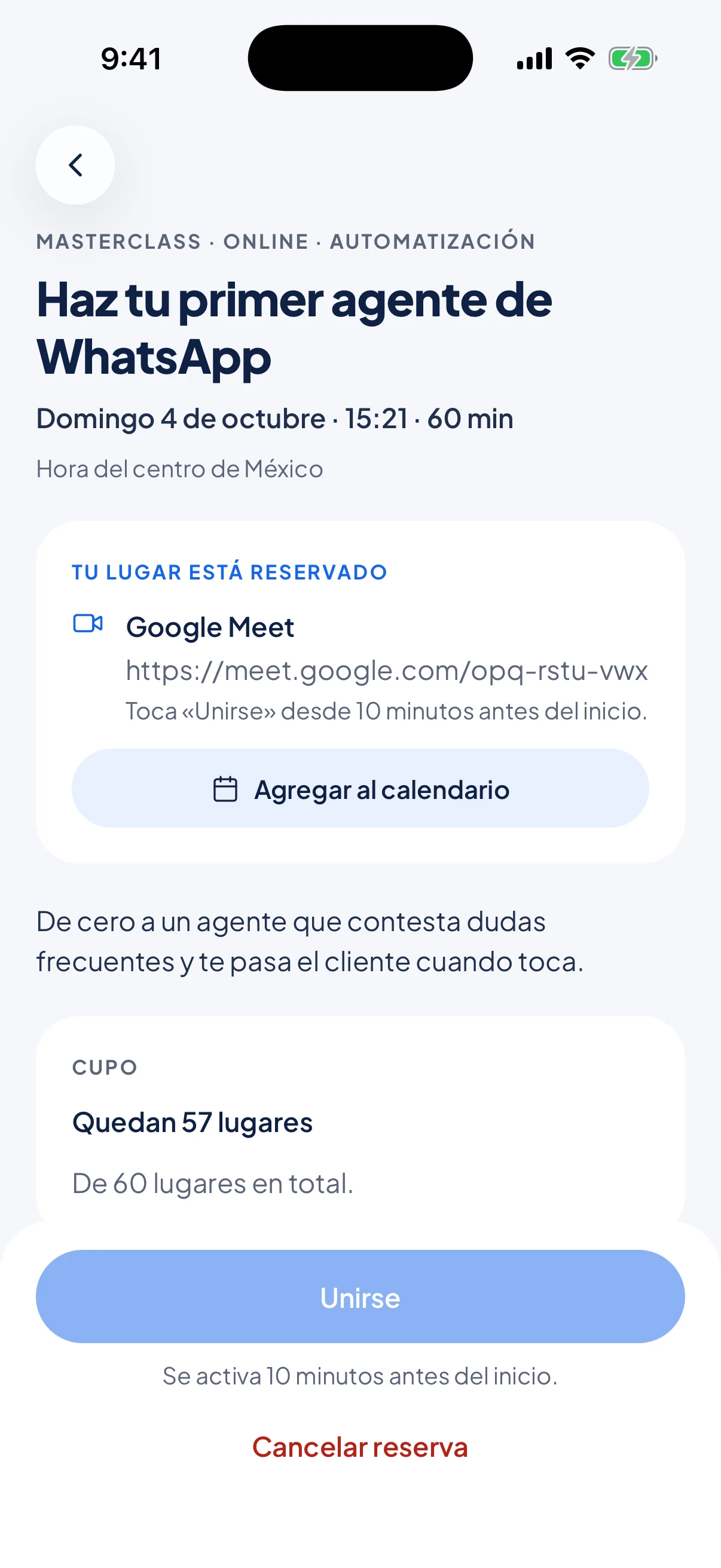 Detalle de una masterclass en línea por Google Meet