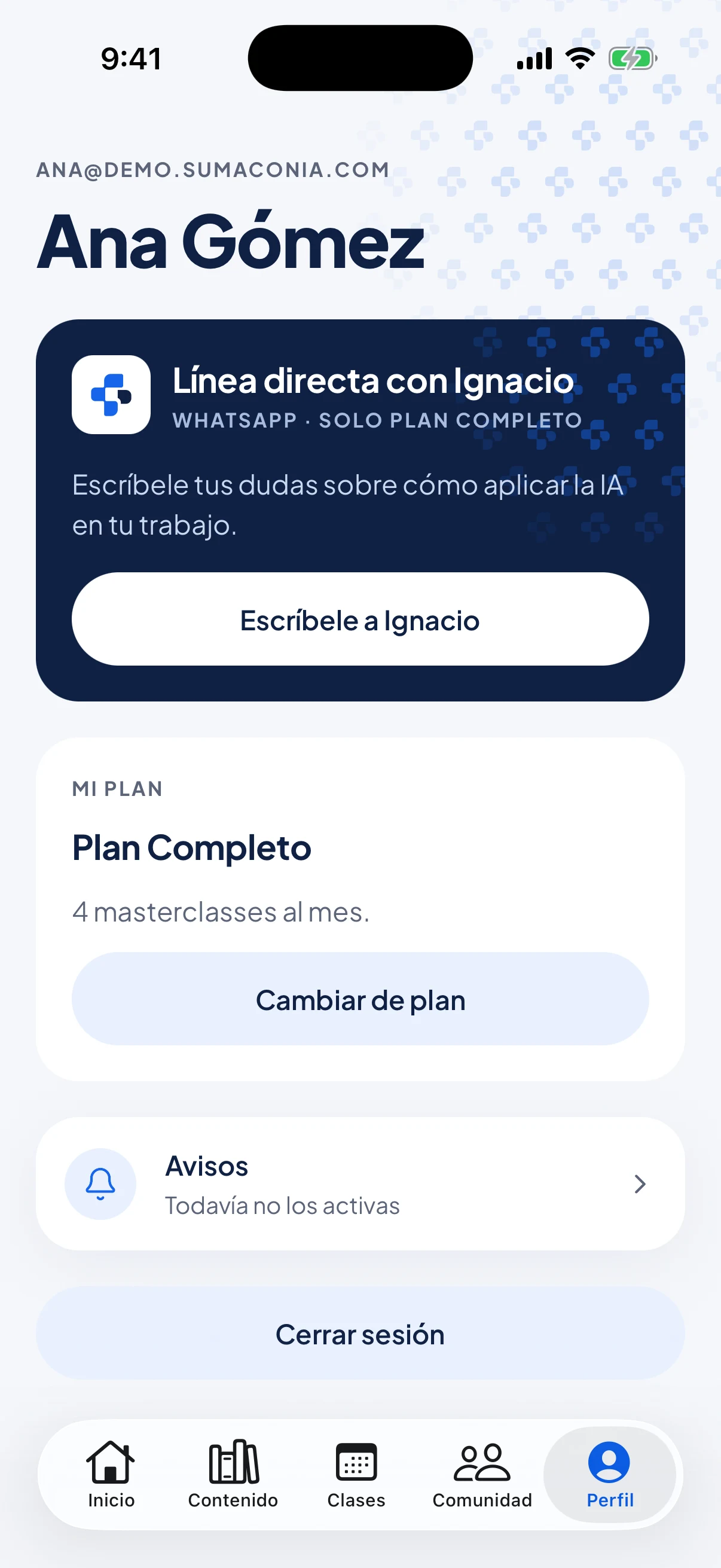 Pantalla de perfil con la línea directa con Ignacio