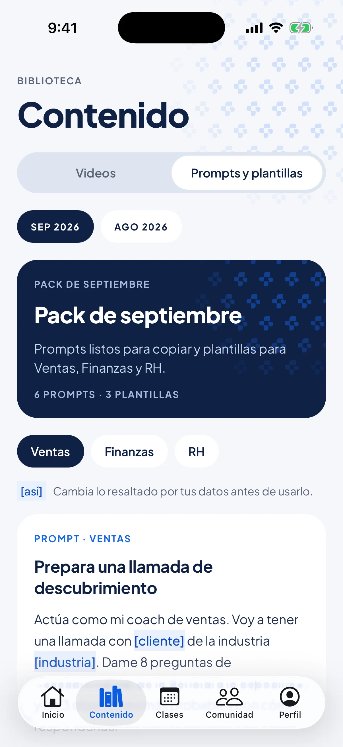 Pantalla de prompts y plantillas de ventas