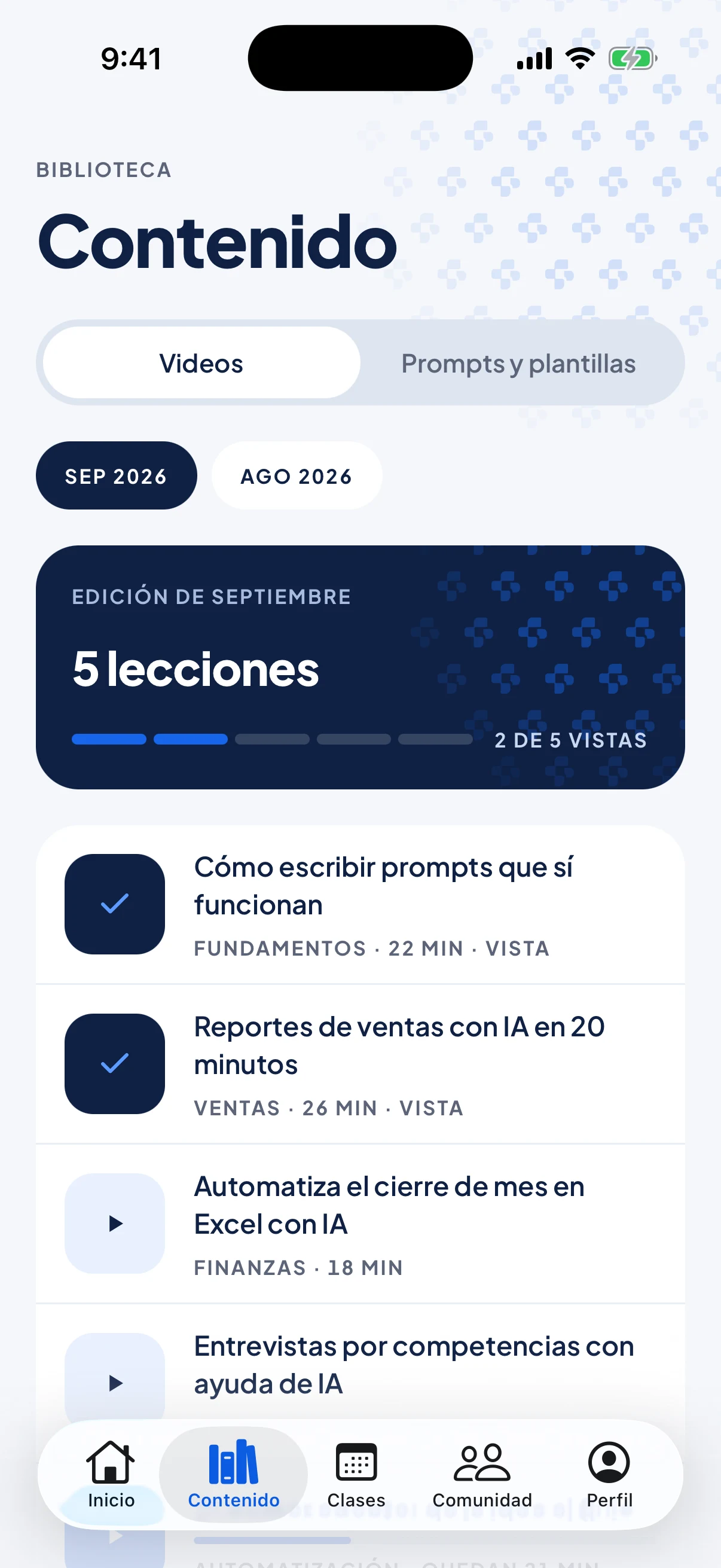 Pantalla de contenido con las lecciones del mes